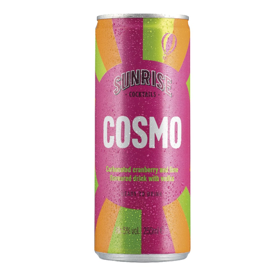 a can of sunrise cocktails cosmo with cranberry and lime