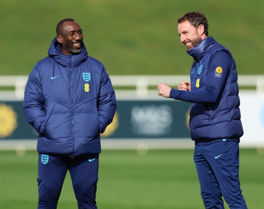 22.3.2023. England Training, St Georges Park, Burton on Trent, MD-1. Times Photographer Bradley Ormesher. Gareth Southgate and Jimmy Floyd Hasselbaink.