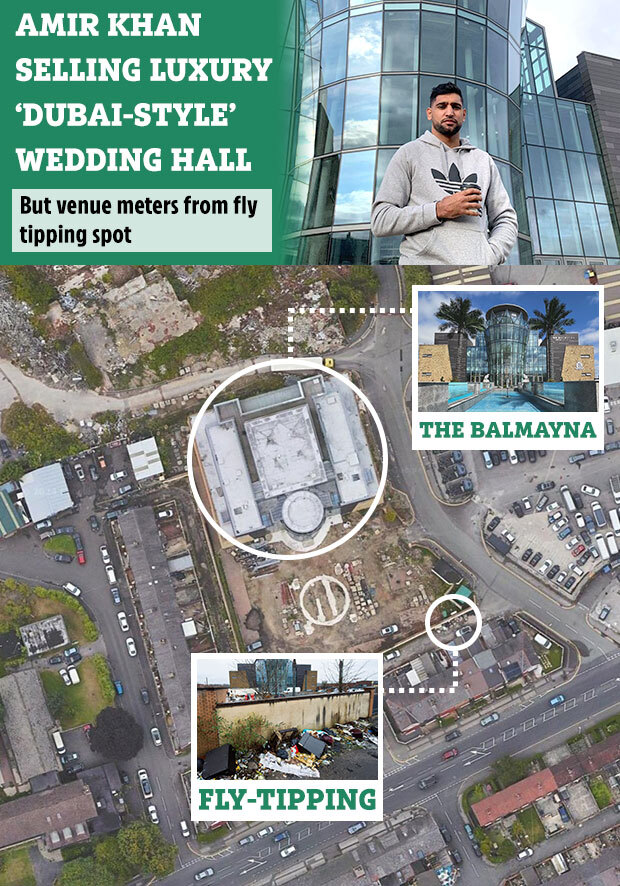 amir khan selling luxury dubai-style wedding hall but venue meters from fly tipping spot