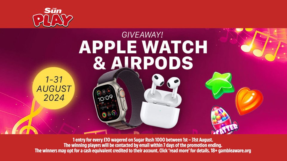 an advertisement for sun play giving away an apple watch and airpods