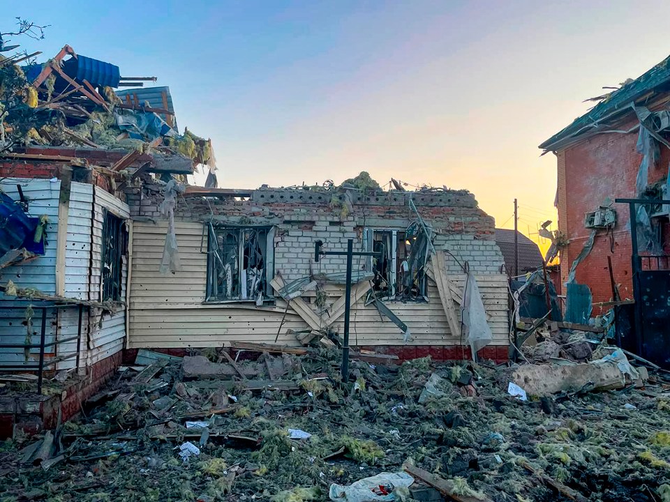 This photo released by the acting Governor of Kursk region Alexei Smirnov telegram channel , shows a damaged house after shelling by the Ukrainian side in the city of Sudzha, Kursk region that borders Ukraine, Tuesday, Aug. 6, 2024. Russian officials said Wednesday they were fighting off Ukrainian cross-border raids in a southwestern border province for a second day, as Kyiv officials remained quiet about the scope of the operation. (Governor of Kursk region telegram channel via AP)