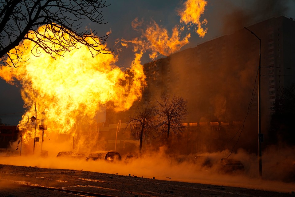 The Ukraine war has raged on for two and a half years, pictured: an inferno blazes in Kyiv after a Russian attack