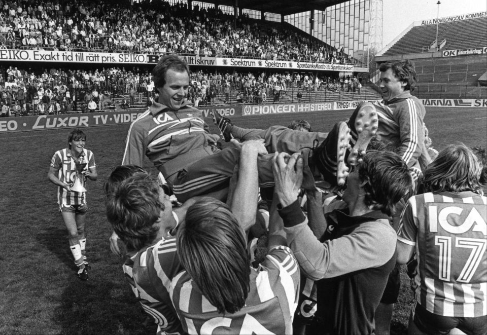 Sven-Goran Eriksson held aloft by IFK Goteborg players after winning the Swedish Cup in 1982 - part of a Treble that season that included the Uefa Cup