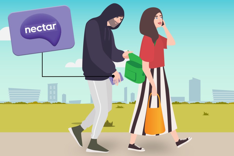 an illustration of a man stealing a woman 's purse with a nectar logo in the background