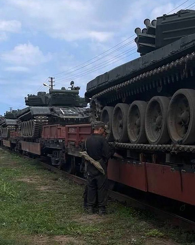 Rows of tanks have massed near the Ukraine-Belarus border - also painted with the letter B