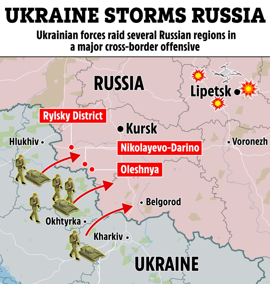 a map showing ukraine storms russia with russian forces raiding several russian regions in a major cross-border offensive