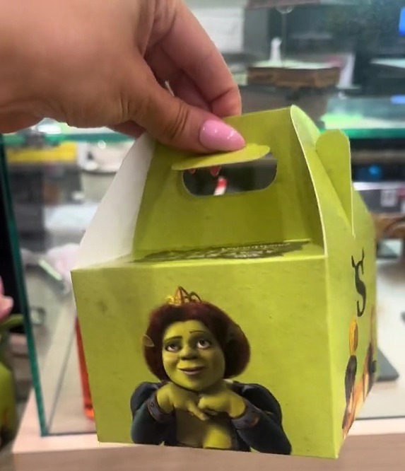 a person is holding a box with shrek on it