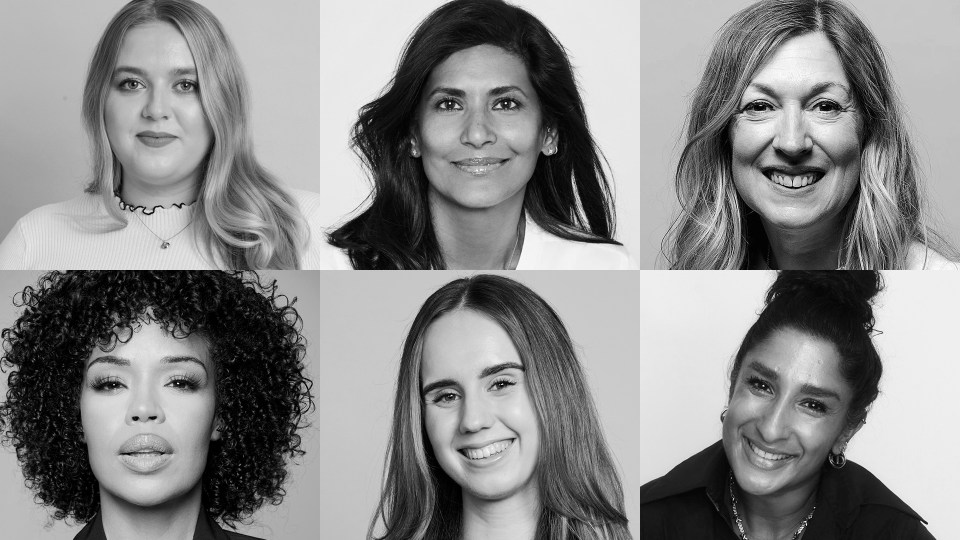 a collage of six women 's faces in black and white