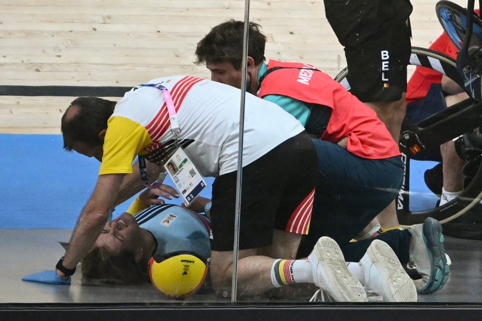 Belgium’s Nicky Degrendele needed assistance after the crash