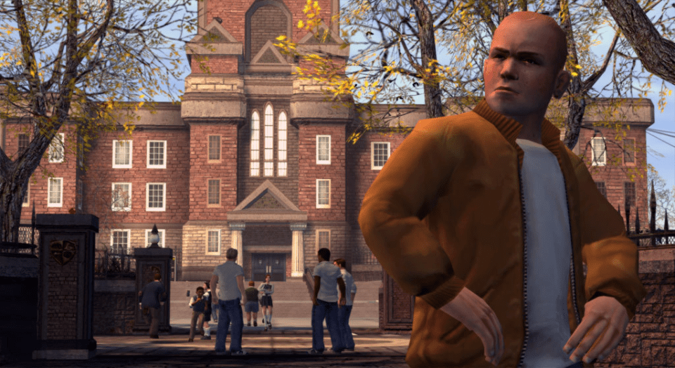 a man in a brown jacket stands in front of a large brick building