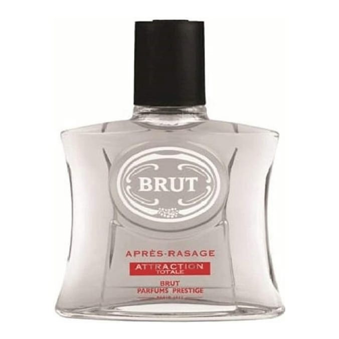 a bottle of brut after shave with a black cap