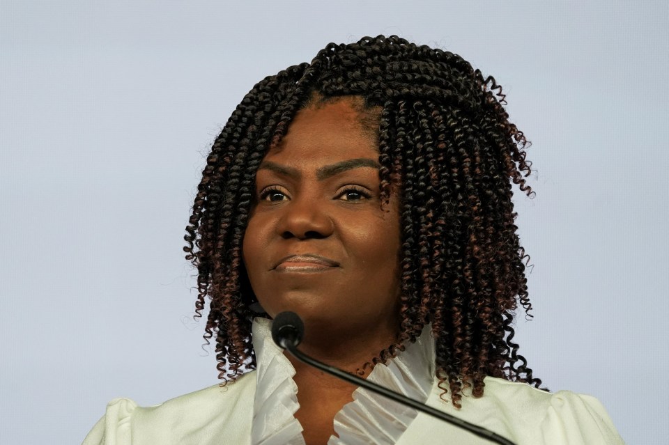 a woman with curly hair stands in front of a microphone