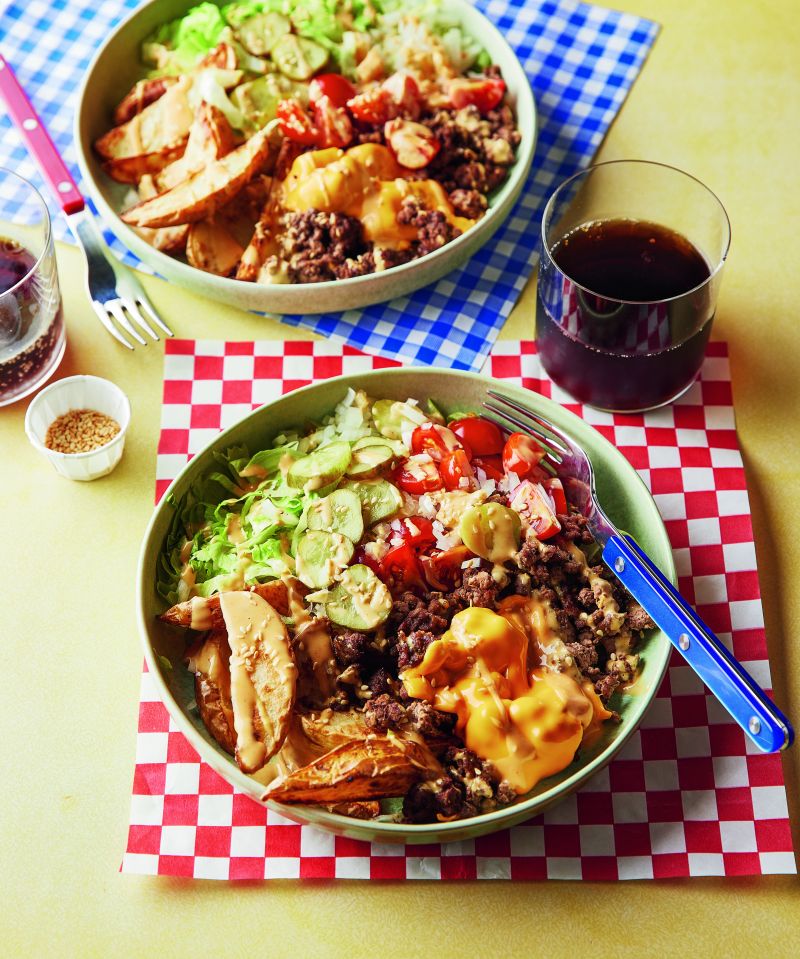 This burger bowl has all the components of a burger - just without the bun