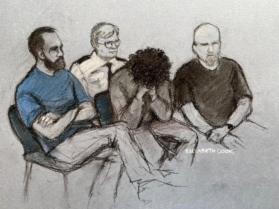 Court artist drawing by Elizabeth Cook of 17-year-old Rudakubana (centre)