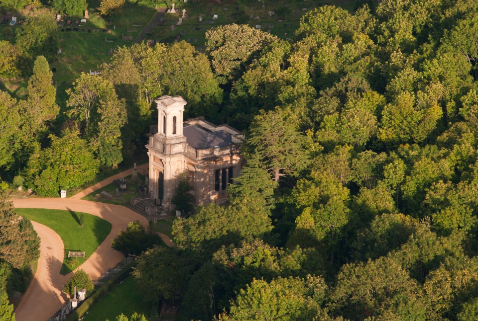 an aerial view of a church surrounded by trees