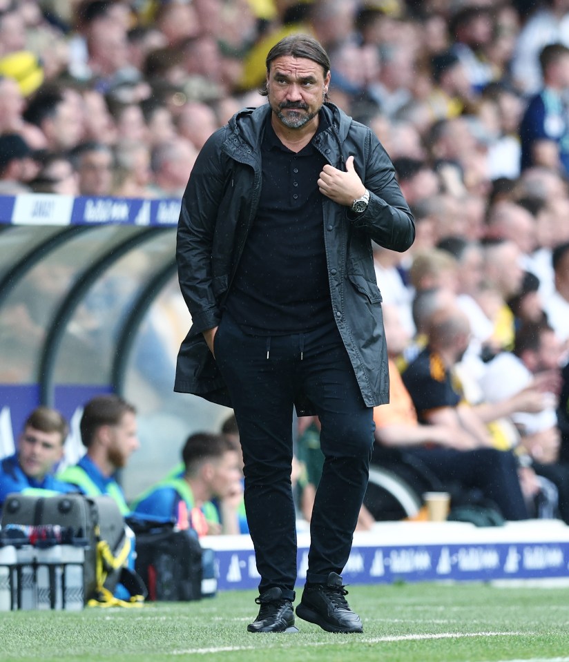 a man in a black jacket stands on a soccer field