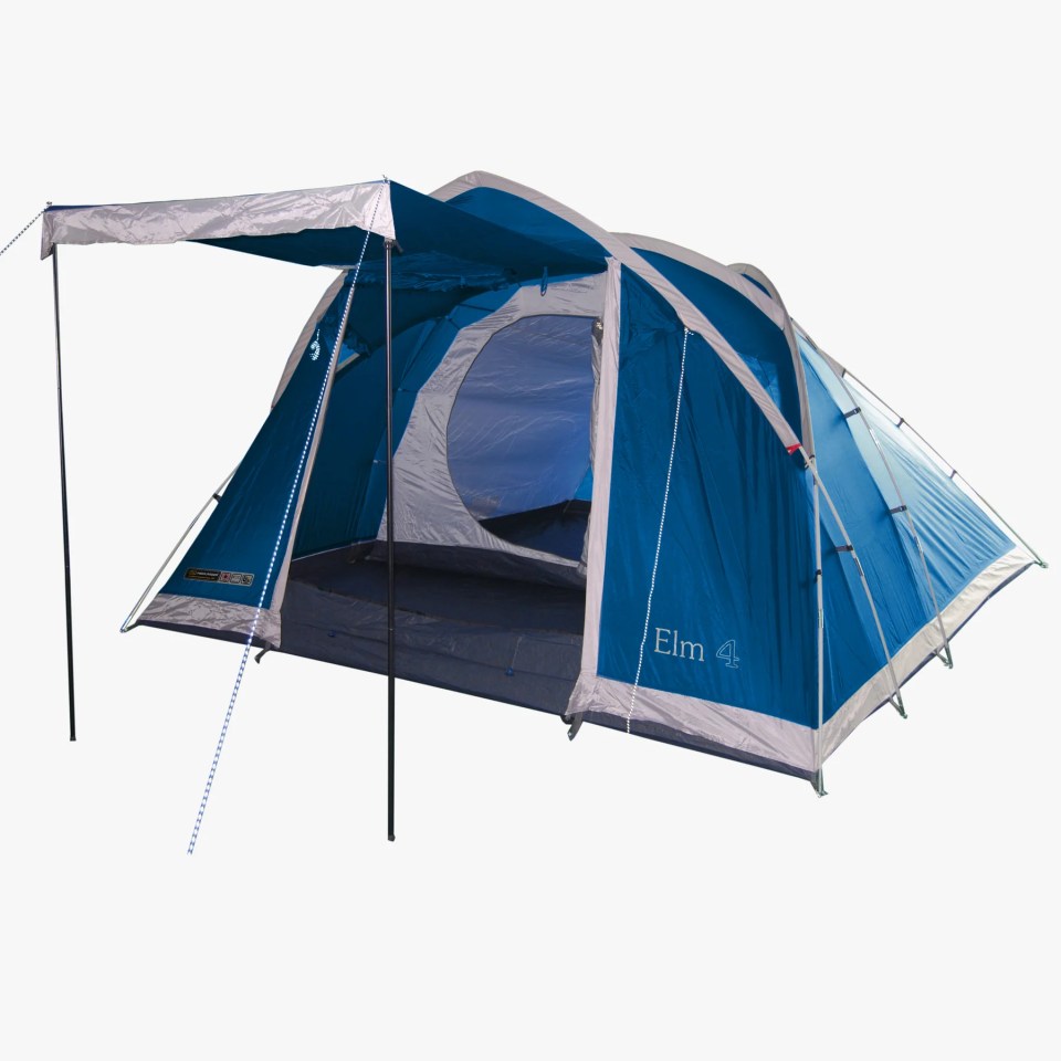 a blue tent that says elm 4 on it