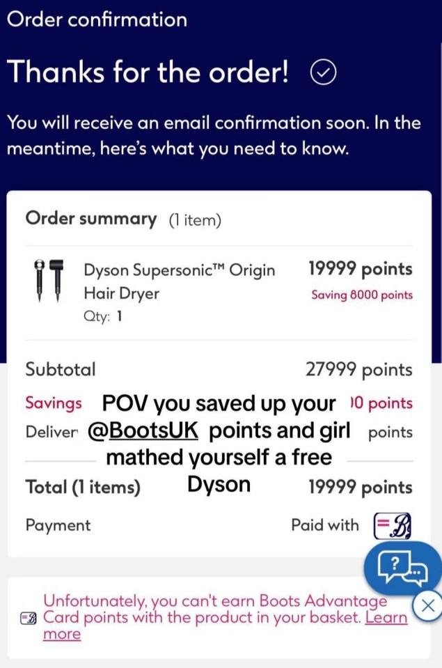 a screenshot of the order confirmation page for a dyson hair dryer