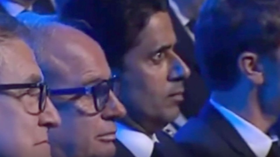 PSG president Nasser Al-Khelaifi appeared terrified after learning of his team's draw