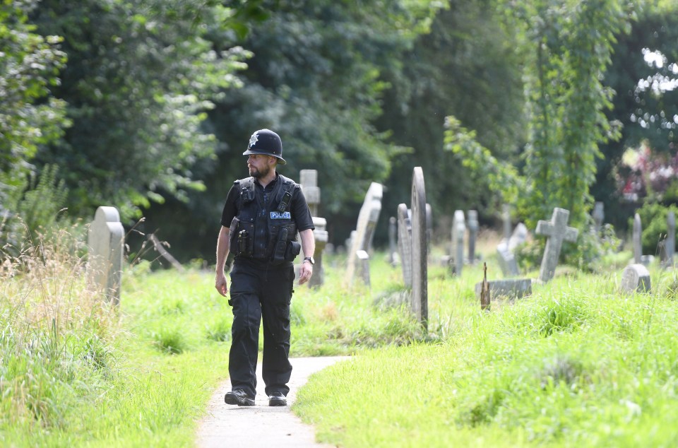 Police patrol the cemetery as people have been drinking and living there