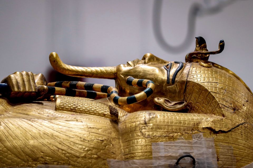 The golden sarcophagus of the ancient Egyptian Pharaoh Tutankhamun as it lay for restoration at the Grand Egyptian Museum