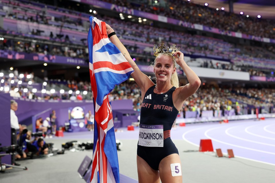 Gold medalist Keely Hodgkinson of Team Great Britain celebrates with a crown during the Women's 800m Final