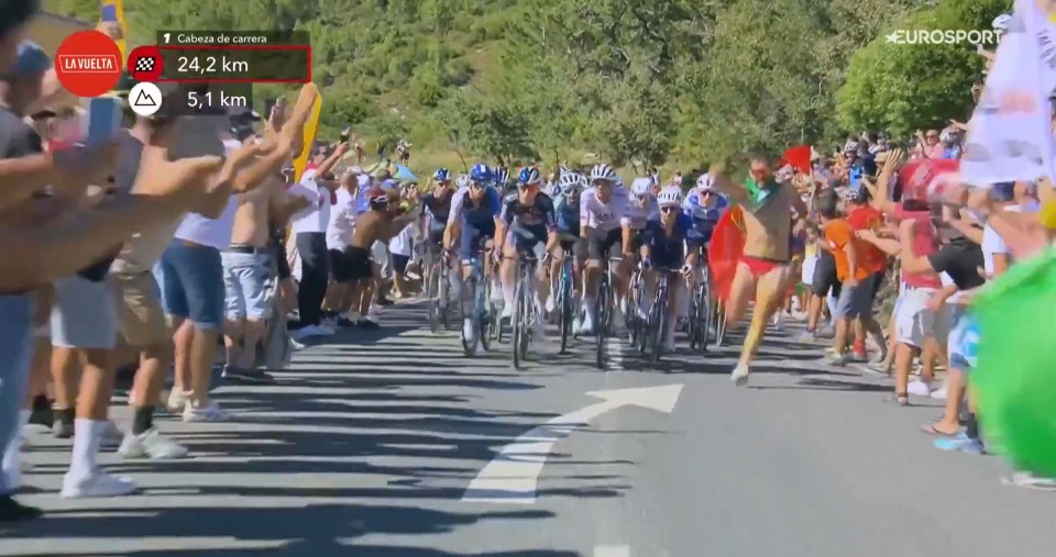 a group of cyclists are riding down a road with a eurosport logo in the corner