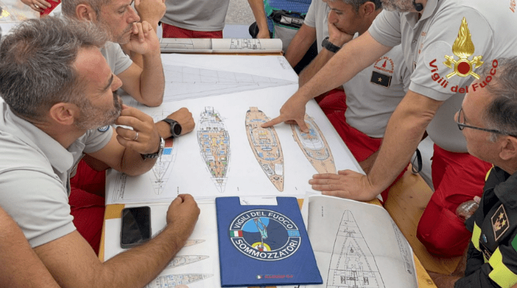 a group of men sit around a table looking at drawings and a book that says vigili del fuoco