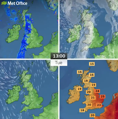 Maps show a band of rain moves in from the Atlantic today