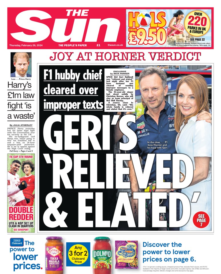 Headline
GERI'S 'RELIEVED & ELATED'

Subheading
JOY AT HORNER VERDICT F1 hubby chief cleared over improper texts
Author
EXCLUSIVE by NICK PARKER

Caption
In the clear ... F1 boss Horner and his loyal wife Geri

Body
SPICE Girl Geri Halliwell was "relieved and elated" last night after her F1 boss husband was cleared of sending improper messages to a female employee.

The 51-year-old singer had stood solidly by Christian Horner, who will stay as team principal of Red Bull Racing.

A source close to Christian, 50, said: "His whole family is relieved and elated that it's over."