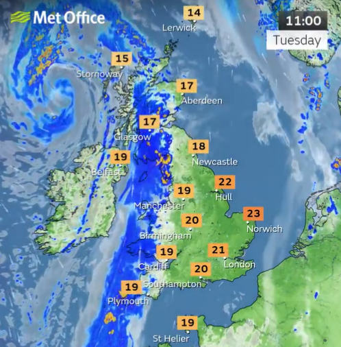 The warm conditions are likely to linger in the far east and south east of England on Tuesday