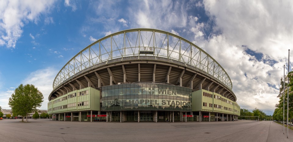 Vienna, Austria - May 11, 2019: A panorama picture of the Ernst Happel Stadium taken from its entrance.