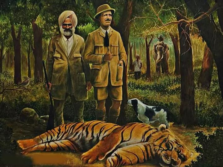 A painting showing Corbett along with local people standing near the dead body of the tiger