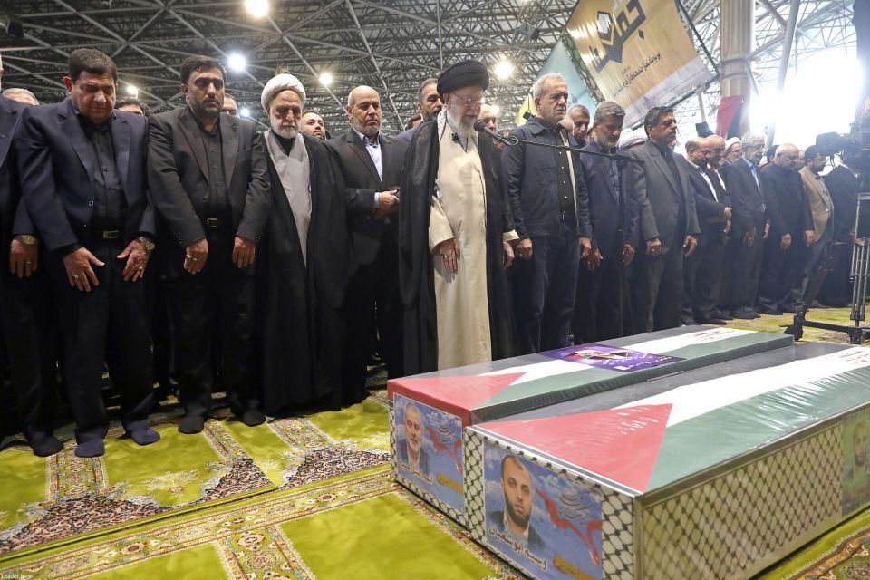 Iranian Supreme Leader Ali Khamenei attends the funeral prayer of Haniyeh