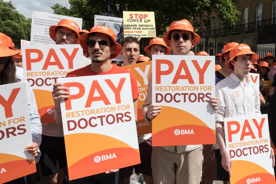 Junior doctors have been on strike 11 times in 18 months (Pictured: A rally outside Downing Street in June 2024)