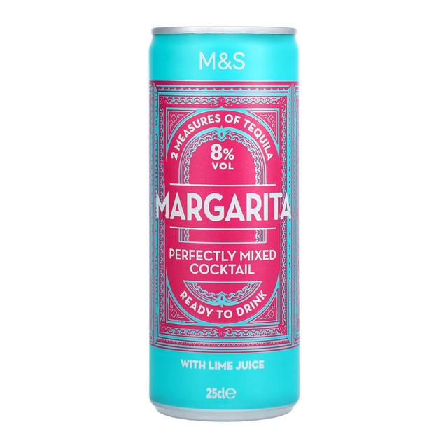 a can of m & s margarita perfectly mixed cocktail with lime juice