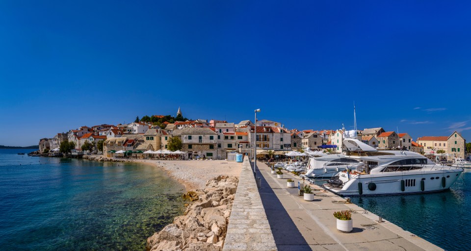 boats are docked in a harbor with a small town in the background