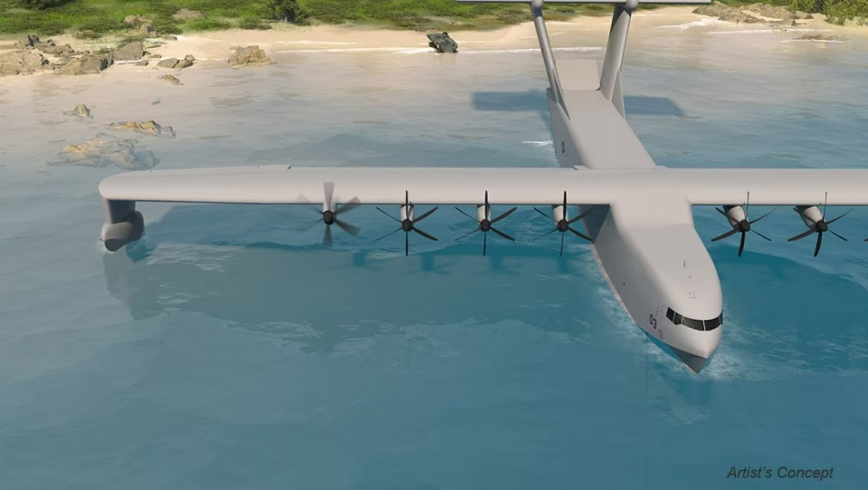 an artist 's concept of an airplane flying over the ocean