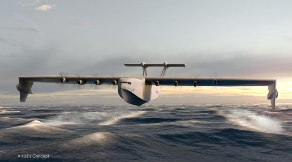 an artist 's concept of an airplane flying over the ocean