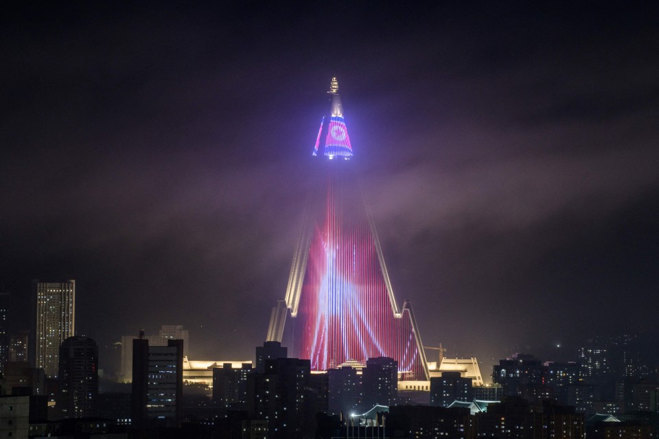 The abandoned Ryugyong hotel dominates the Pyongyang skyline