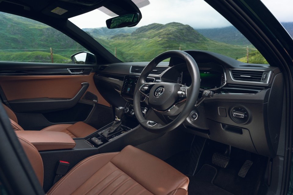 the interior of a skoda car with a mountain in the background