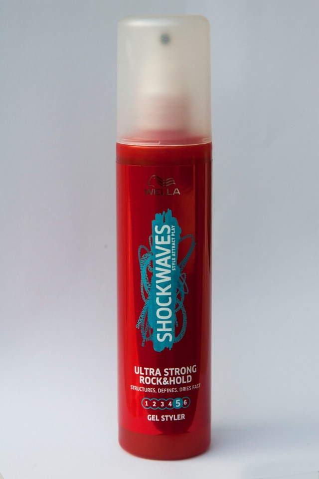 a bottle of wella shockwaves ultra strong rock & hold gel styler