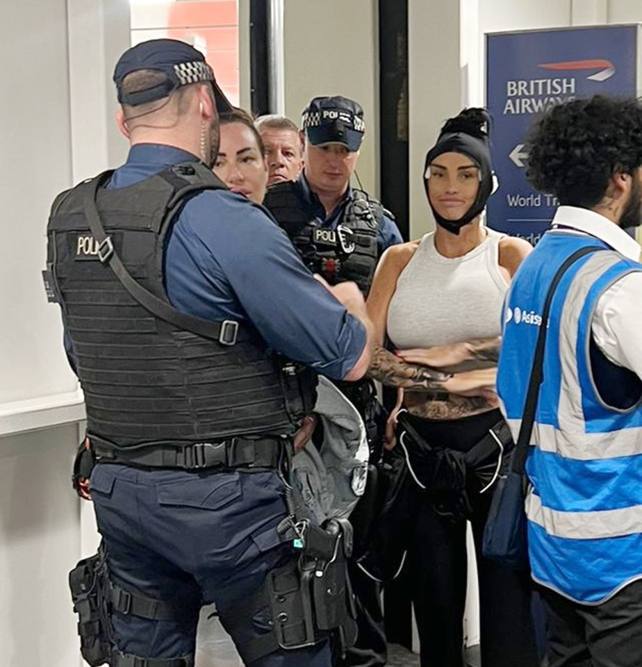 Katie Price is greeted by police at the airport after skipping her £760,000 bankruptcy hearing