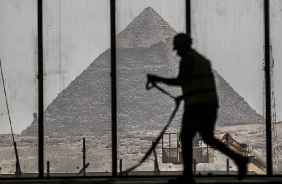 A picture shows a view of the Great Pyramid of Khafre from the museum's construction site