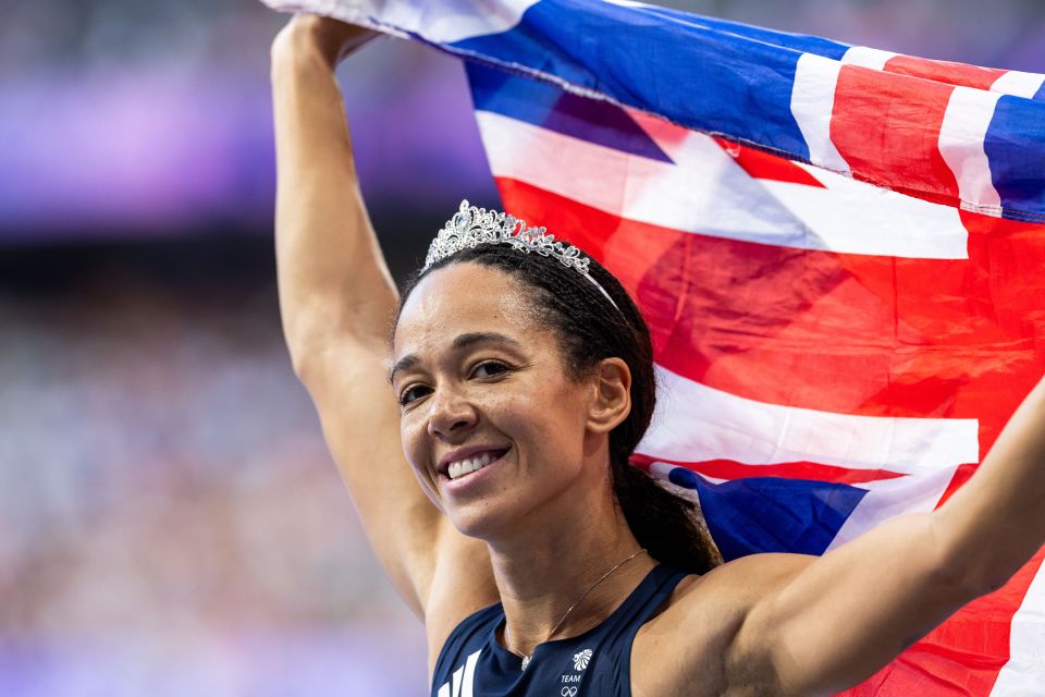 Silver medalist Katarina Johnson-Thompson of Team Great Britain celebrates after competing in the Women’s Heptathlon 800m