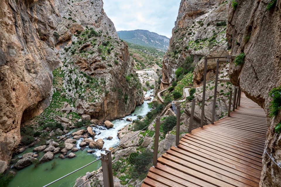 a wooden bridge over a river in a canyon