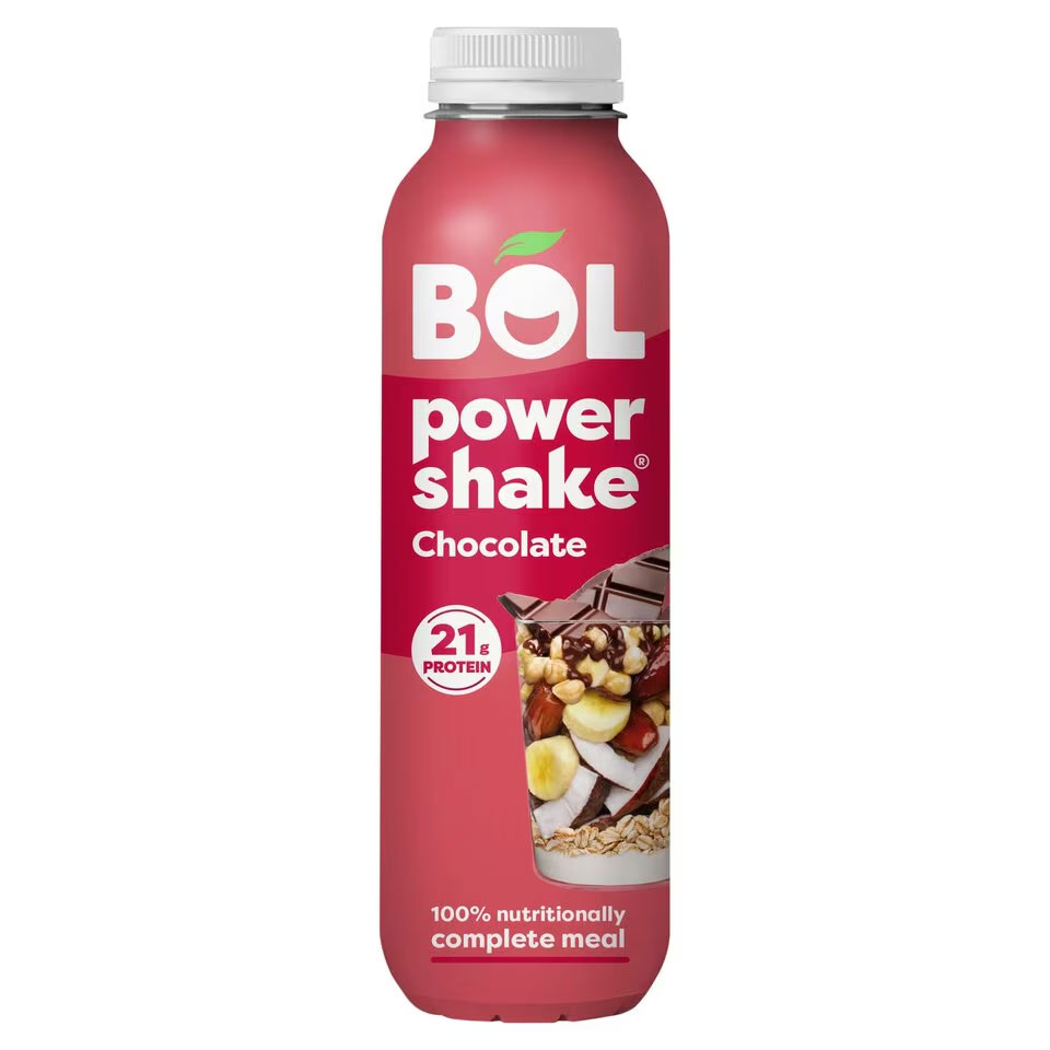 a red bottle of bol power shake chocolate