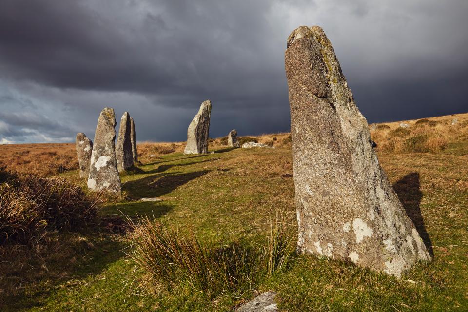 Standing stones at the ancient Scorhill Stone Circle, on Gidleigh Common, Dartmoor National Park