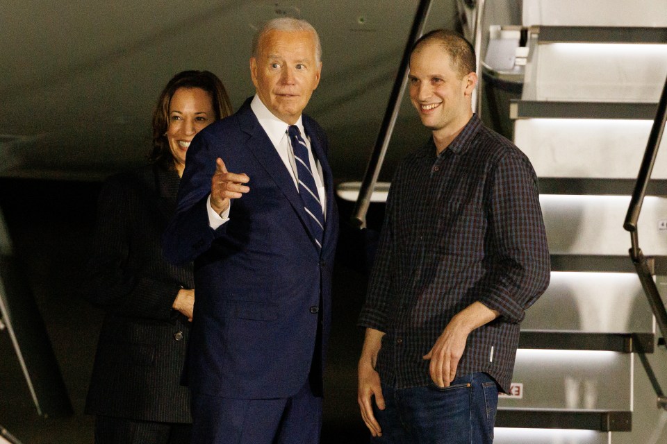 Evan Gershkovich touches down in the US and is greeted by President Joe Biden and Vice President Kamala Harris at Andrews Air Force Base, Maryland on Thursday