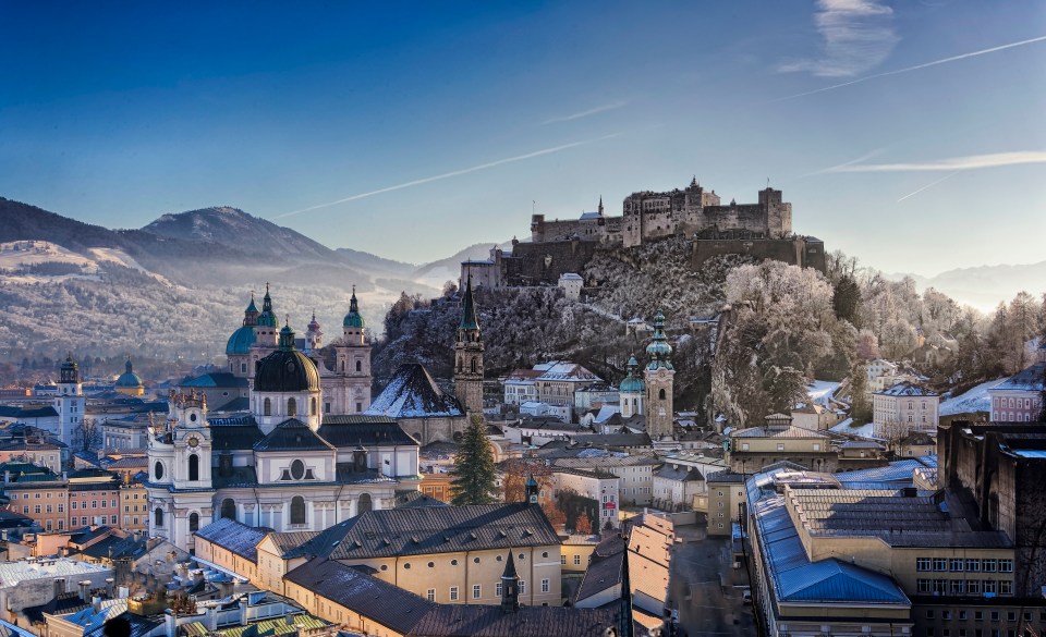 Hohensalzburg Fortress overlooks the Austrian city of Salzburg